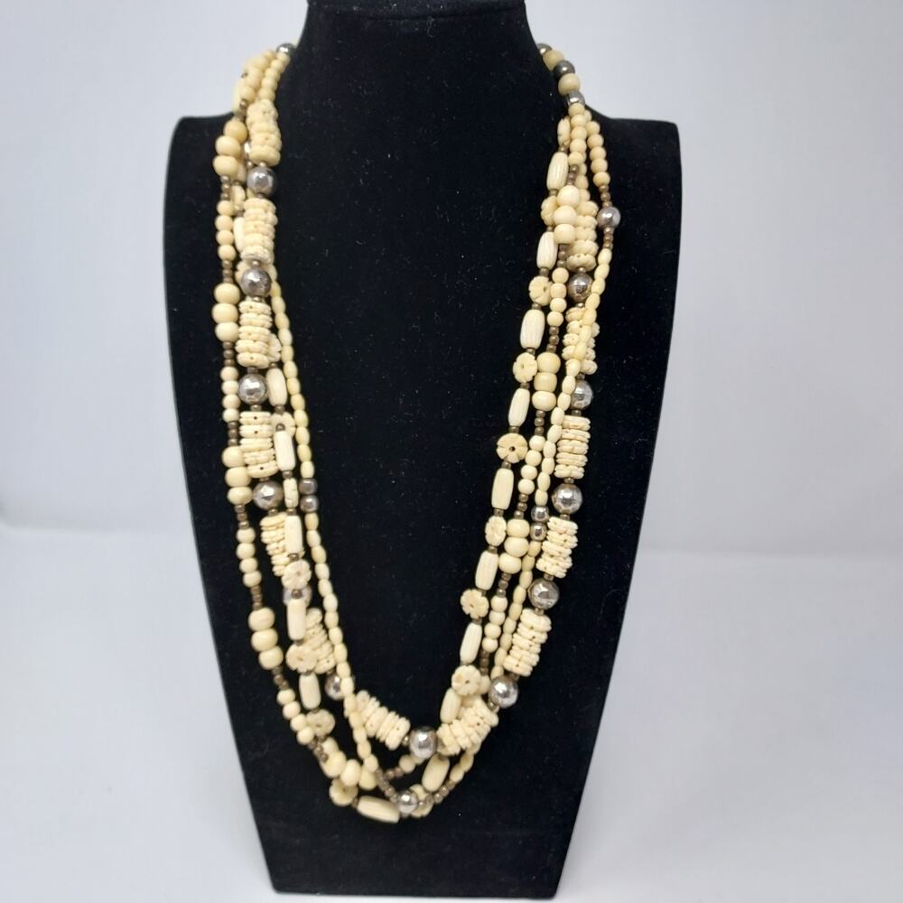 4 Strand Carved Shell Bead Necklace Beach Summer Resortwear Casual 28"